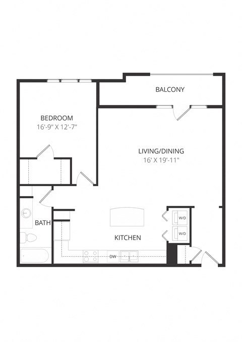 Floor plan for 1 bed, 1 bath, 955 sqft