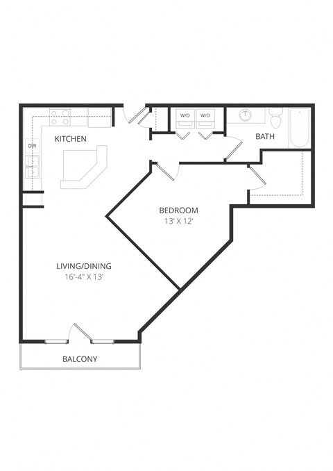 Floor plan for 1 bed, 1 bath, 865 sqft