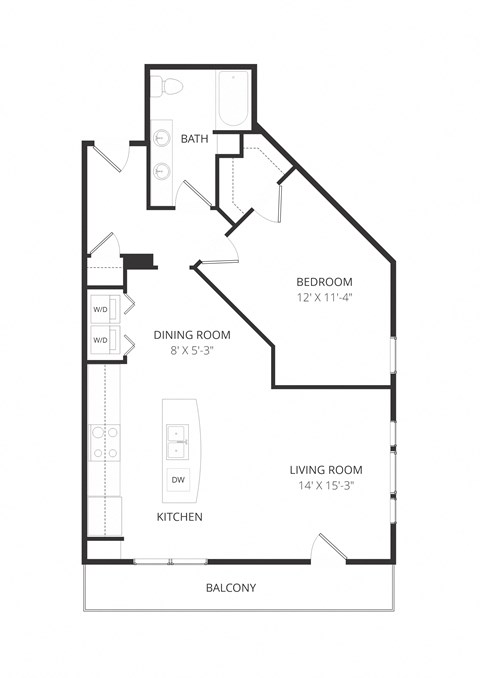 Floor plan for 1 bed, 1 bath, 914 sqft