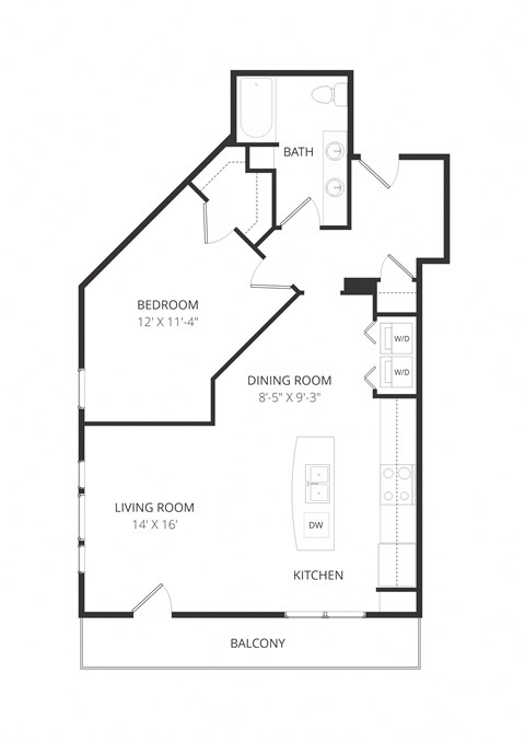 Floor plan for 1 bed, 1 bath, 930 sqft