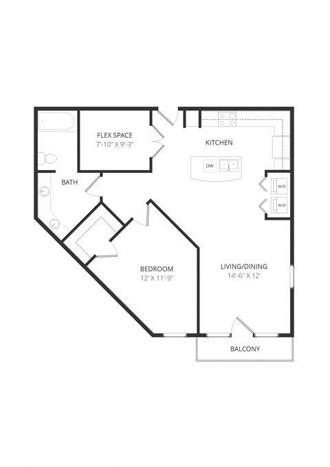 Floor plan for 1 bed, 1 bath, 913 sqft