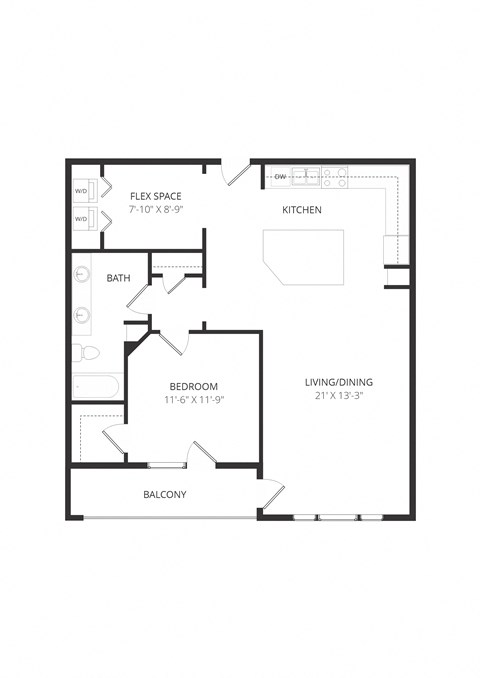 Floor plan for 1 bed, 1 bath, 969 sqft