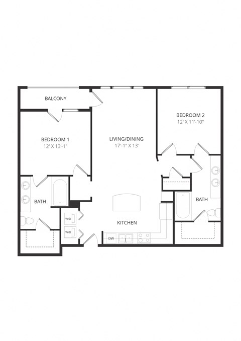 Floor plan for 2 beds, 2 baths, 1112 sqft