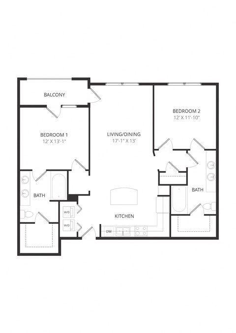 Floor plan for 2 beds, 2 baths, 1113 sqft