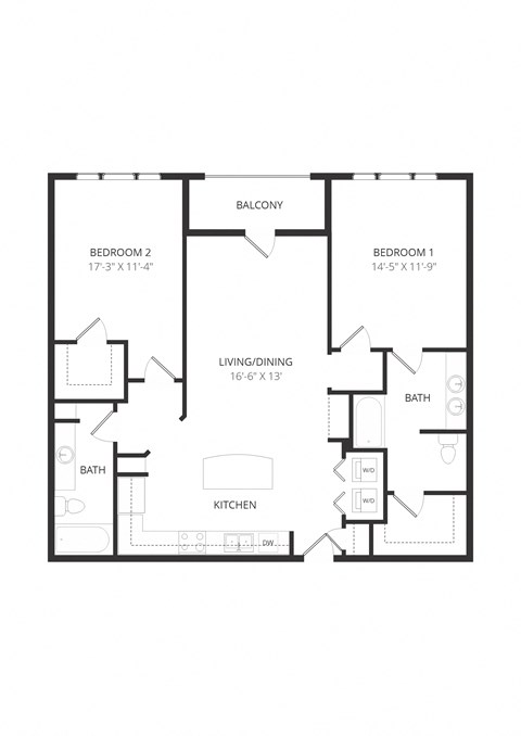 Floor plan for 2 beds, 2 baths, 1231 sqft
