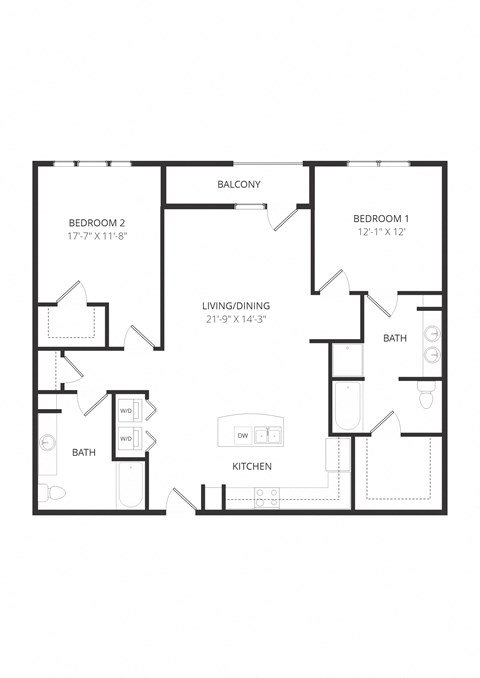 Floor plan for 2 beds, 2 baths, 1296 sqft