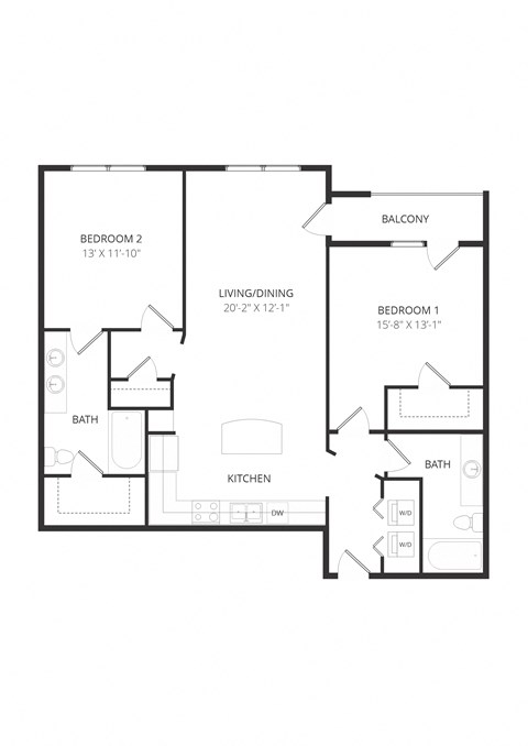 Floor plan for 2 beds, 2 baths, 1168 sqft