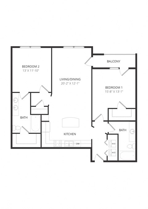 Floor plan for 2 beds, 2 baths, 1112 sqft