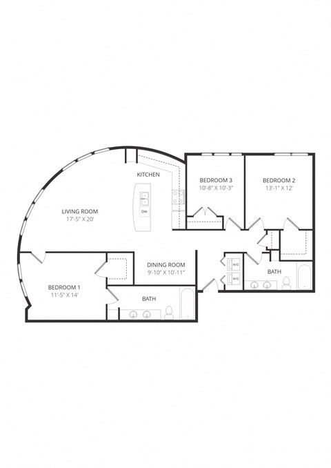 Floor plan for 3 beds, 2 baths, 1410 sqft