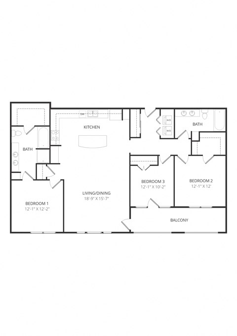 Floor plan for 3 beds, 2 baths, 1435 sqft