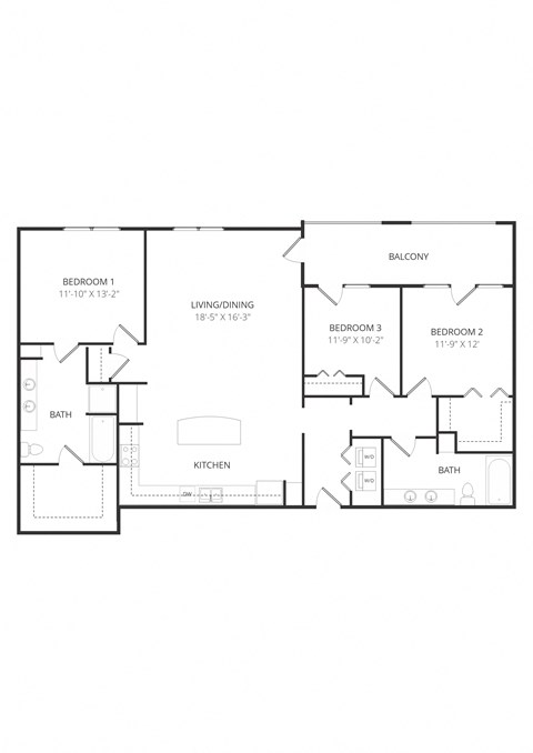 Floor plan for 3 beds, 2 baths, 1500 sqft
