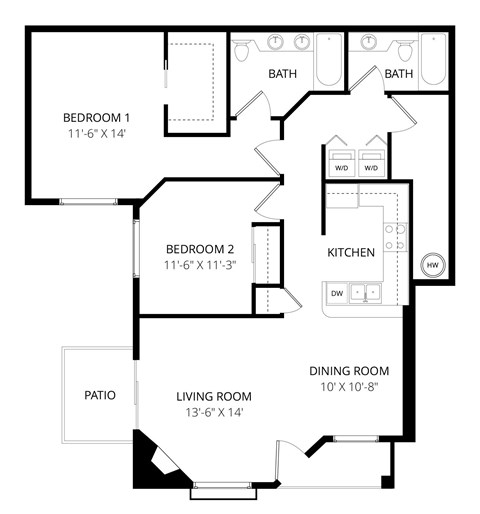 Floor plan for 2 beds, 2 baths, 1093 sqft