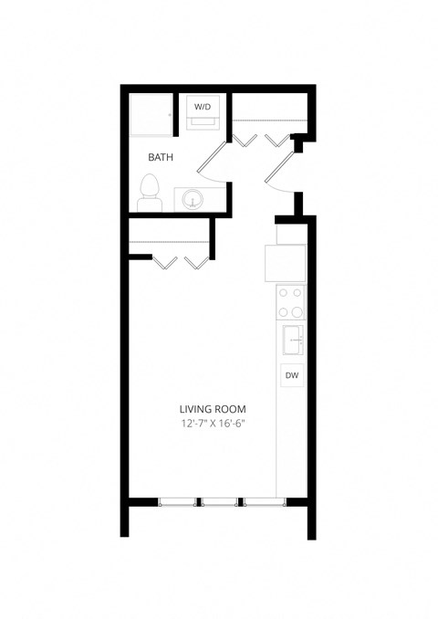 Floor plan for studio, 1 bath, 377 sqft