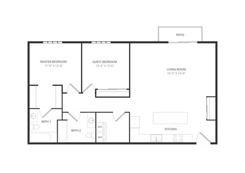Floor plan for 2 beds, 2 baths, 1095 sqft