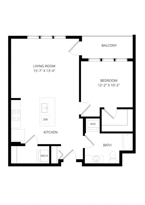 Floor plan for 1 bed, 1 bath, 742 sqft
