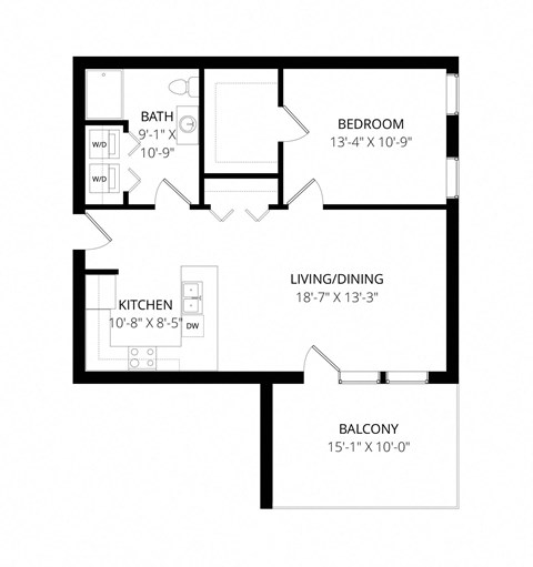 Floor plan for 1 bed, 1 bath, 783 sqft