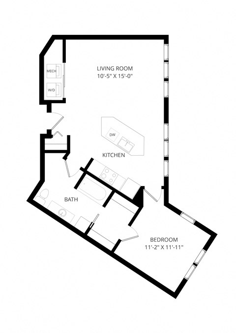 Floor plan for 1 bed, 1 bath, 760 sqft