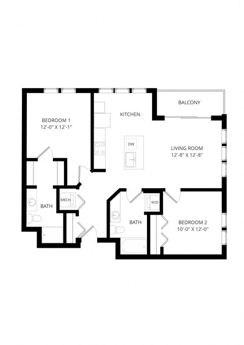 Floor plan for 2 beds, 2 baths, 1018 sqft