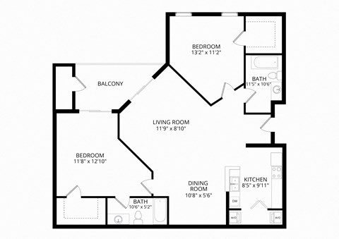 Floor plan for 2 beds, 2 baths, 1164 sqft