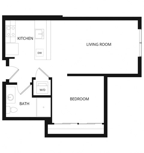 Floor plan for 1 bed, 1 bath, 622 sqft
