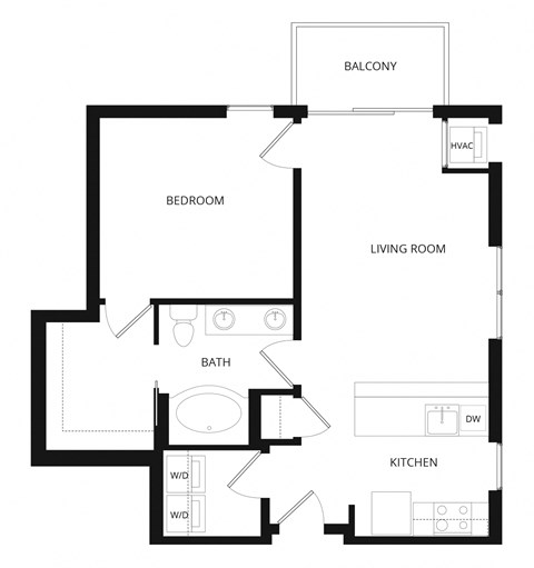 Floor plan for 1 bed, 1 bath, 729 sqft