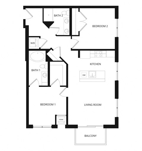 Floor plan for 2 beds, 2 baths, 1083 sqft