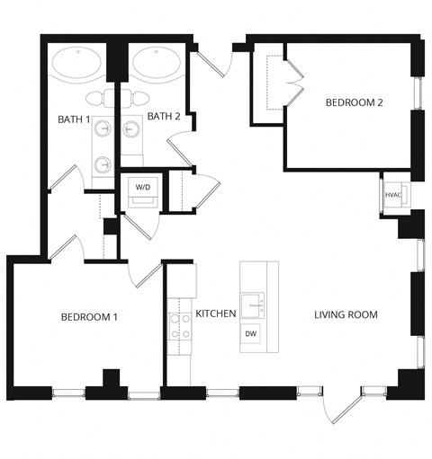 Floor plan for 2 beds, 2 baths, 1100 sqft