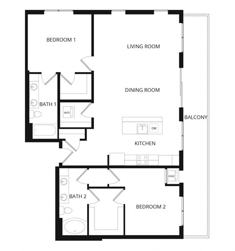 Floor plan for 2 beds, 2 baths, 1350 sqft
