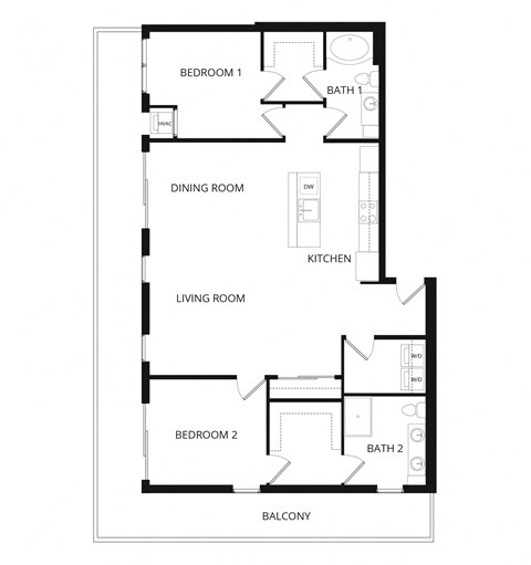 Floor plan for 2 beds, 2 baths, 1400 sqft
