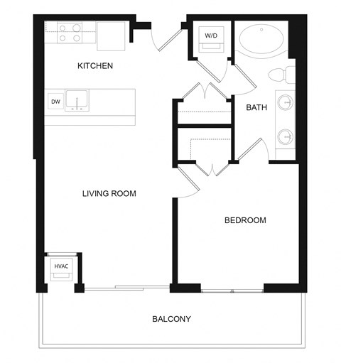 Floor plan for 1 bed, 1 bath, 637 sqft