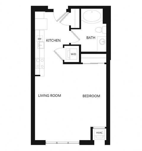 Floor plan for studio, 1 bath, 598 sqft