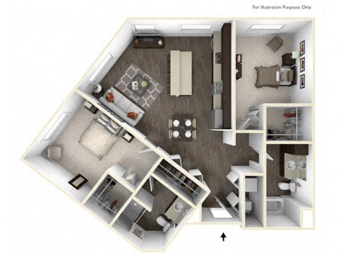 Floor plan for 2 beds, 2 baths, 999 sqft