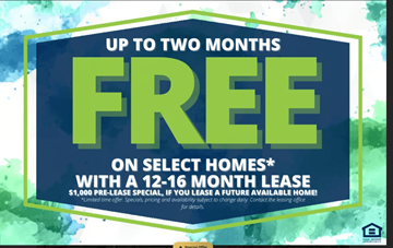 Moses Lake apartment for rent - A promotional image offering up to two months free on select homes with a 12-16 month lease.