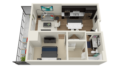 Floor plan for 1 bed, 1 bath, 664 sqft