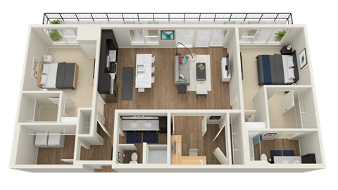 Floor plan for 2 beds, 2 baths, 1365 sqft