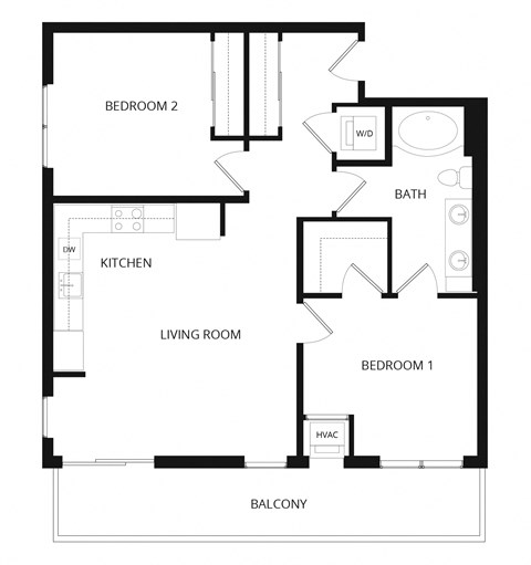Floor plan for 2 beds, 1 bath, 910 sqft