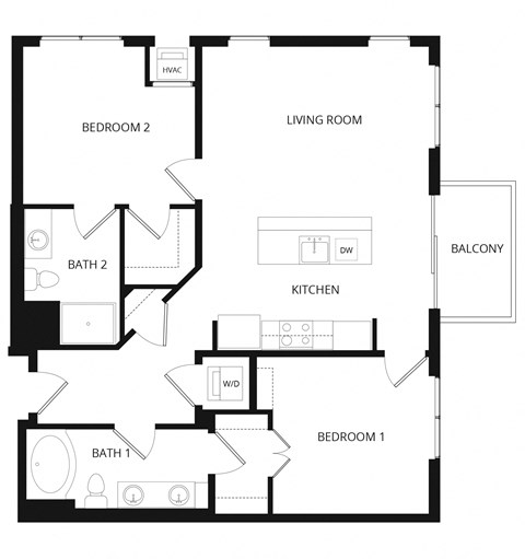 Floor plan for 2 beds, 2 baths, 1025 sqft
