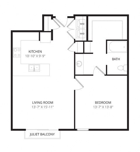 Floor plan for 1 bed, 1 bath, 868 sqft