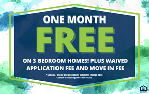 Midland apartment for rent - A promotional image offering a free month on 3 bedroom homes with additional fees waived.