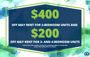 Williston apartment for rent - A promotional image for off-month rentals, offering $400 for 2-bedroom units and $200 for 3 and 4-bedroom units.