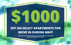 Watford City apartment for rent - A promotional image offering $1000 off on select apartments for move-in during May.