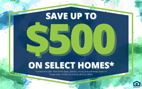 Calgary apartment for rent - A promotional image advertising a savings of up to $500 on select homes.
