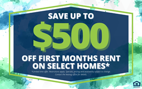 Lethbridge apartment for rent - A promotional image offering up to $500 off the first month's rent on select homes.