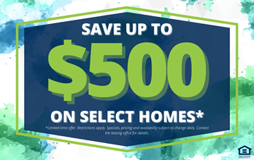 Midland apartment for rent - A promotional image advertising savings of up to $500 on select homes.