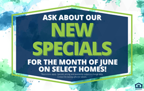 Williston apartment for rent - A sign advertising new specials for the month of June on select homes.