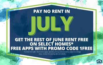 Edmonton apartment for rent - A promotional image offering free rent for the month of July with a promo code.
