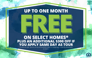 Kent apartment for rent - A promotional image offering up to one month free on select homes plus an additional $300 off if you apply same day as tour.