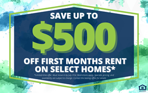 Stony Plain apartment for rent - A promotional image offering up to $500 off the first month's rent on select homes.