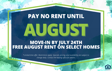 Edmonton apartment for rent - A promotional image offering free rent in August for new tenants who move in by July 24th.