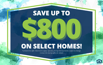 Colorado Springs apartment for rent - A promotional image advertising savings of up to $800 on select homes.